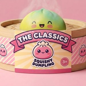 Yellow Fade Dumpling Squishy in its bamboo steamer box