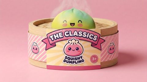 Yellow Fade Dumpling Squishy in its bamboo steamer box