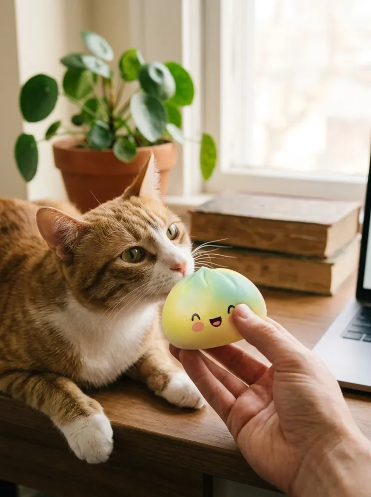 Yellow Fade Dumpling Squishy with a plush friend