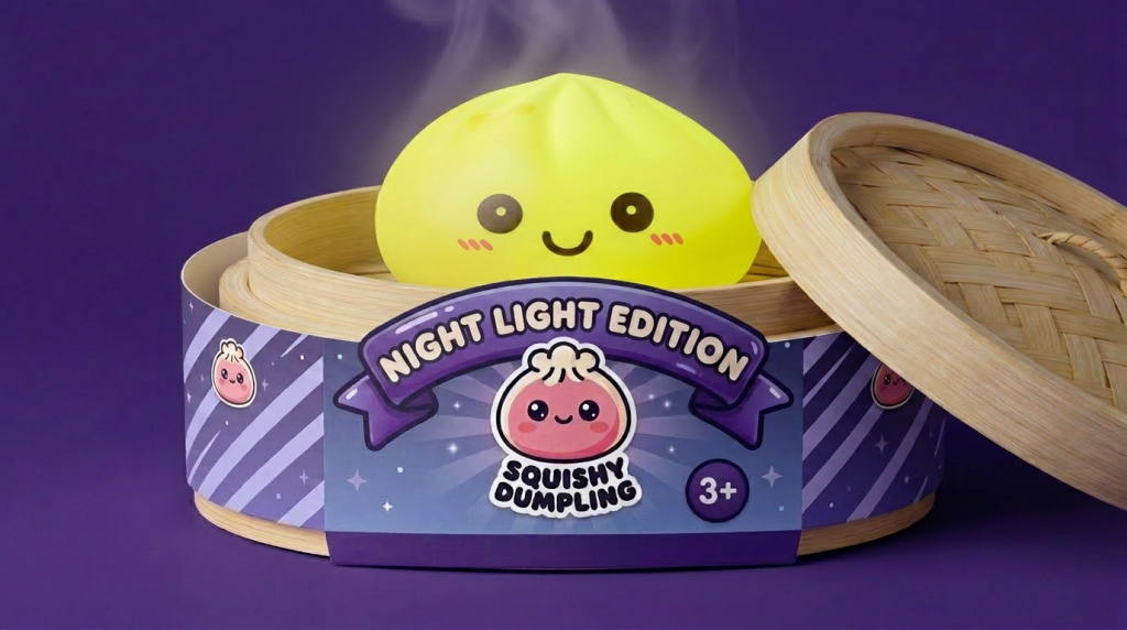 Sunshine Yellow Dumpling Squishy Night Light in its bamboo steamer box