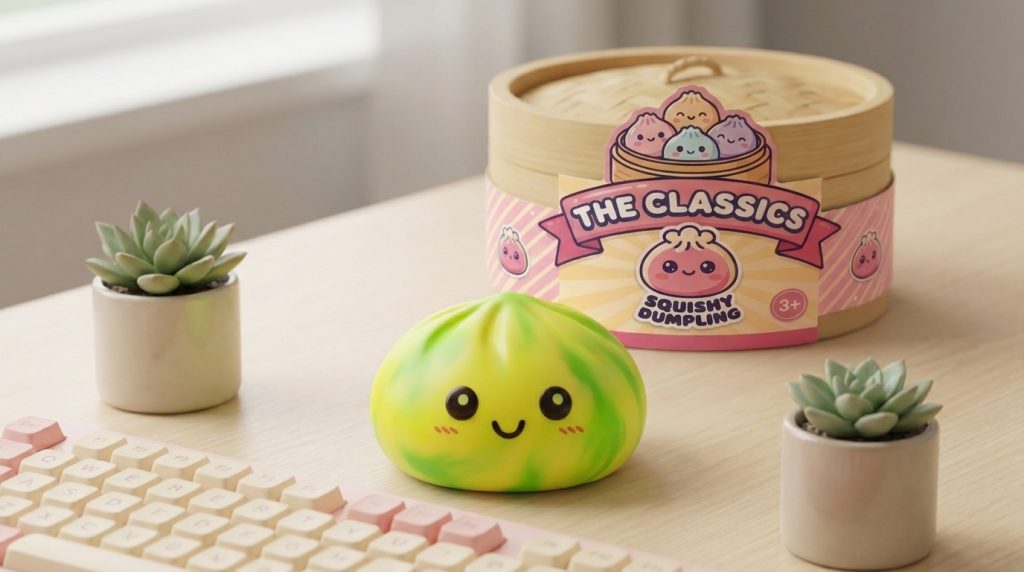 Yellow Tie Dye Dumpling Squishy in its kawaii setting