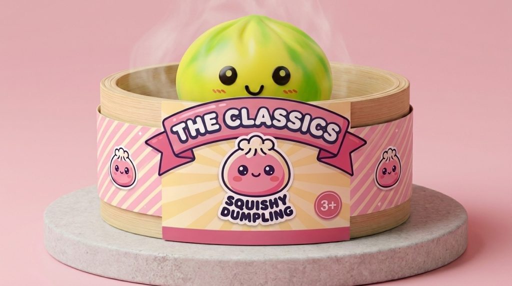 Yellow Tie Dye Dumpling Squishy in its bamboo steamer box