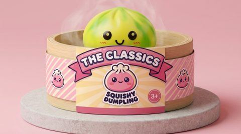 Yellow Tie Dye Dumpling Squishy in its bamboo steamer box