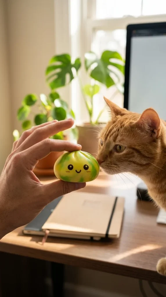 Yellow Tie Dye Dumpling Squishy with a plush friend