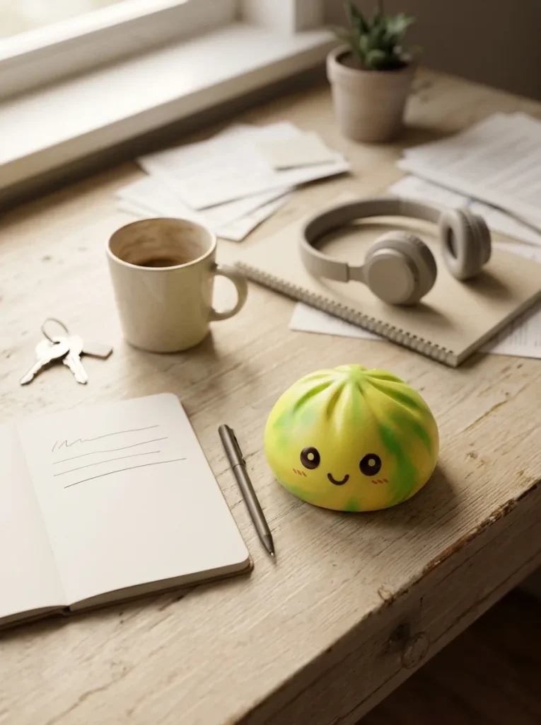 Yellow Tie Dye Dumpling Squishy on the desk