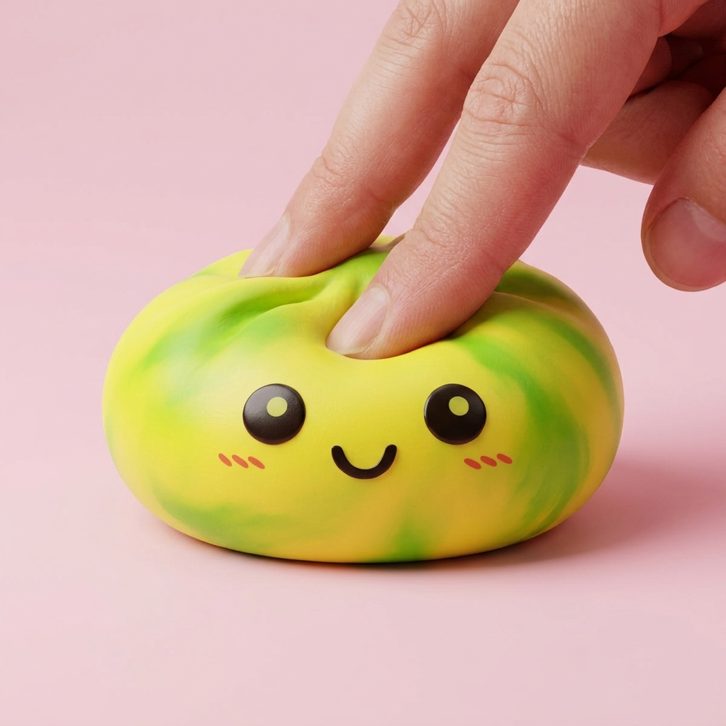 Yellow Tie Dye Dumpling Squishy being squeezed, soft slow-rise foam