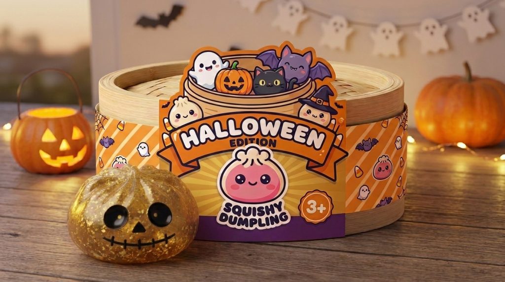 Gold Glitter Zombie Halloween Dumpling Squishy in its kawaii setting
