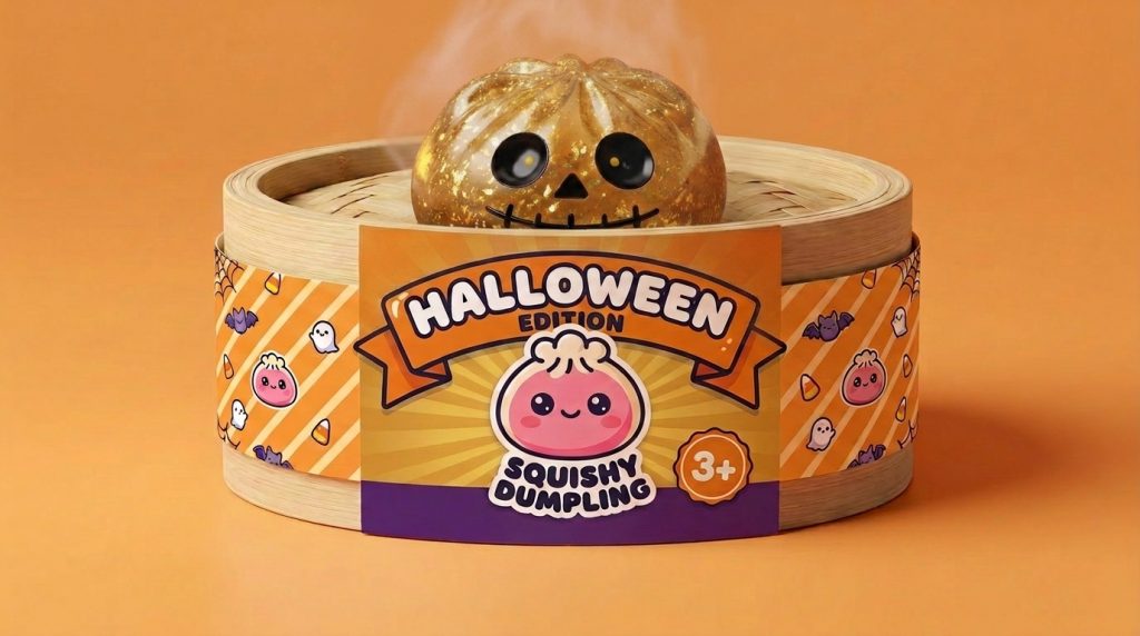 Gold Glitter Zombie Halloween Dumpling Squishy in its bamboo steamer box