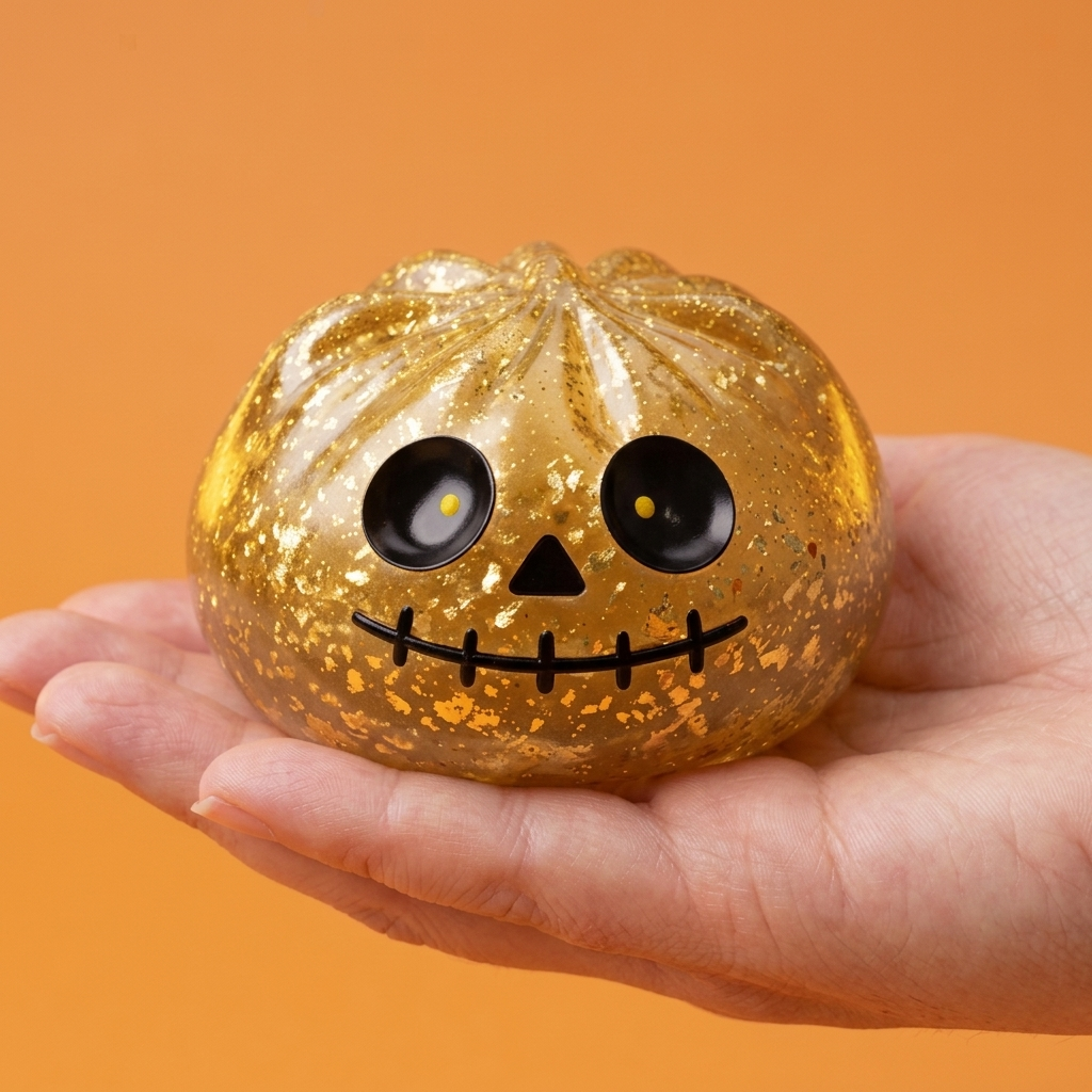 Gold Glitter Zombie Halloween Dumpling Squishy held in hand, actual size