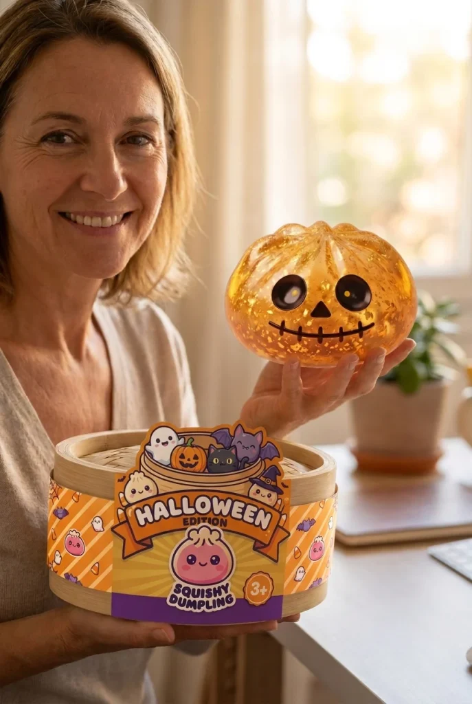 Gold Glitter Zombie Halloween Dumpling Squishy with its box