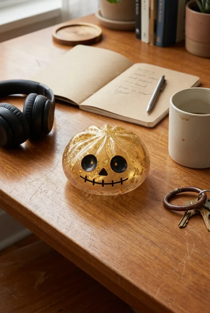 Gold Glitter Zombie Halloween Dumpling Squishy on the desk