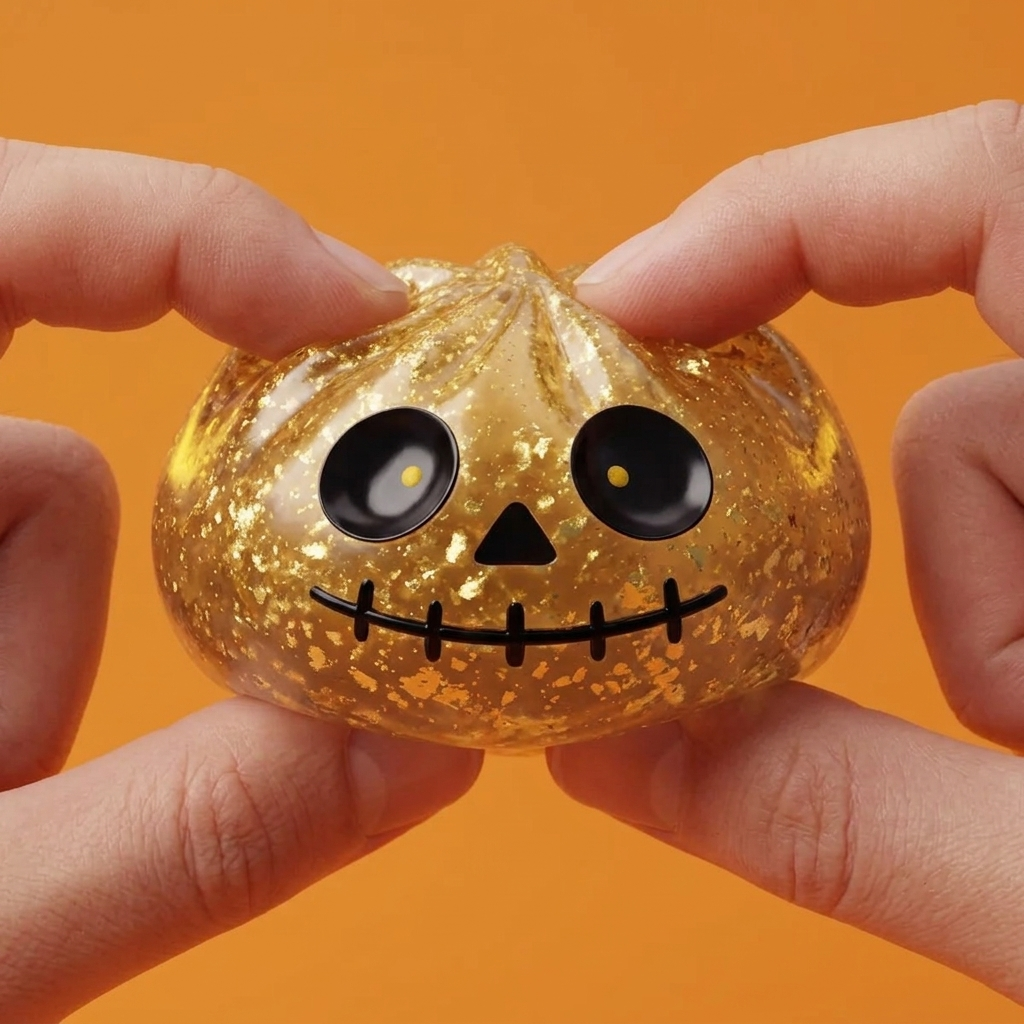 Gold Glitter Zombie Halloween Dumpling Squishy being squeezed, soft slow-rise foam