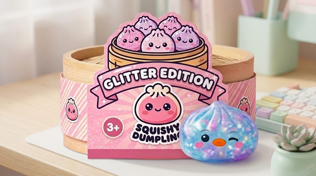 Galaxy Blue Penguin Dumpling Squishy in its kawaii setting