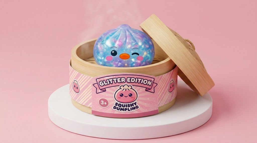 Galaxy Blue Penguin Dumpling Squishy in its bamboo steamer box