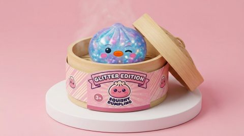 Galaxy Blue Penguin Dumpling Squishy in its bamboo steamer box