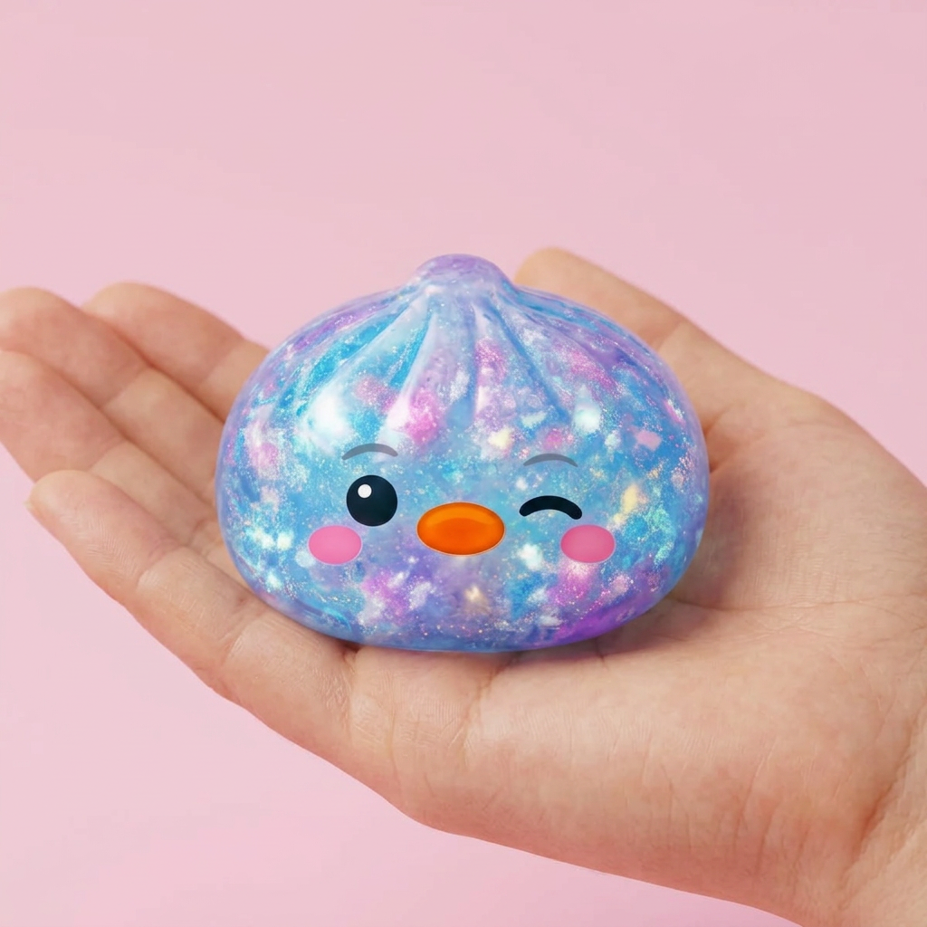 Galaxy Blue Penguin Dumpling Squishy held in hand, actual size