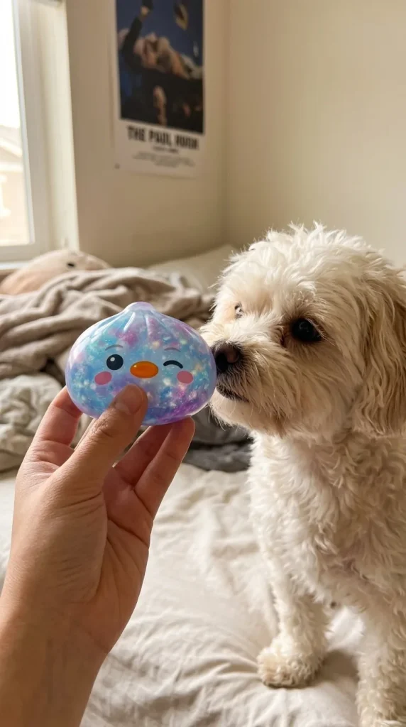 Galaxy Blue Penguin Dumpling Squishy with a plush friend