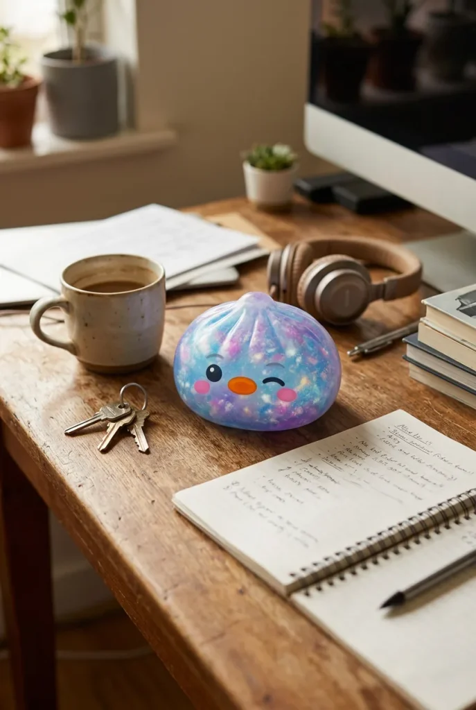 Galaxy Blue Penguin Dumpling Squishy on the desk