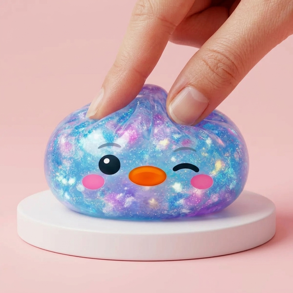 Galaxy Blue Penguin Dumpling Squishy being squeezed, soft slow-rise foam