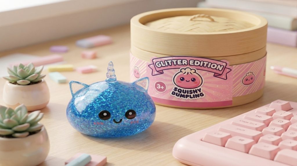Blue Unicorn Glitter Dumpling Squishy in its kawaii setting