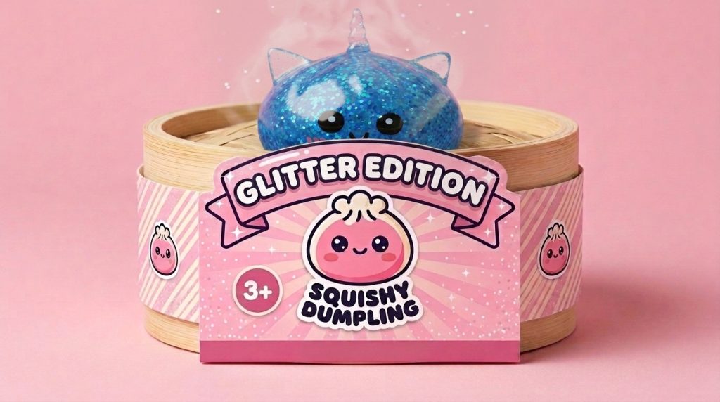 Blue Unicorn Glitter Dumpling Squishy in its bamboo steamer box