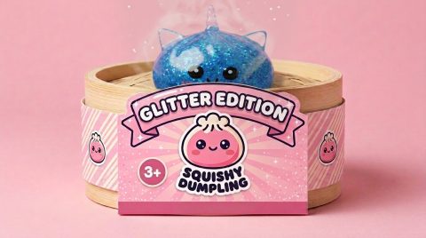 Blue Unicorn Glitter Dumpling Squishy in its bamboo steamer box