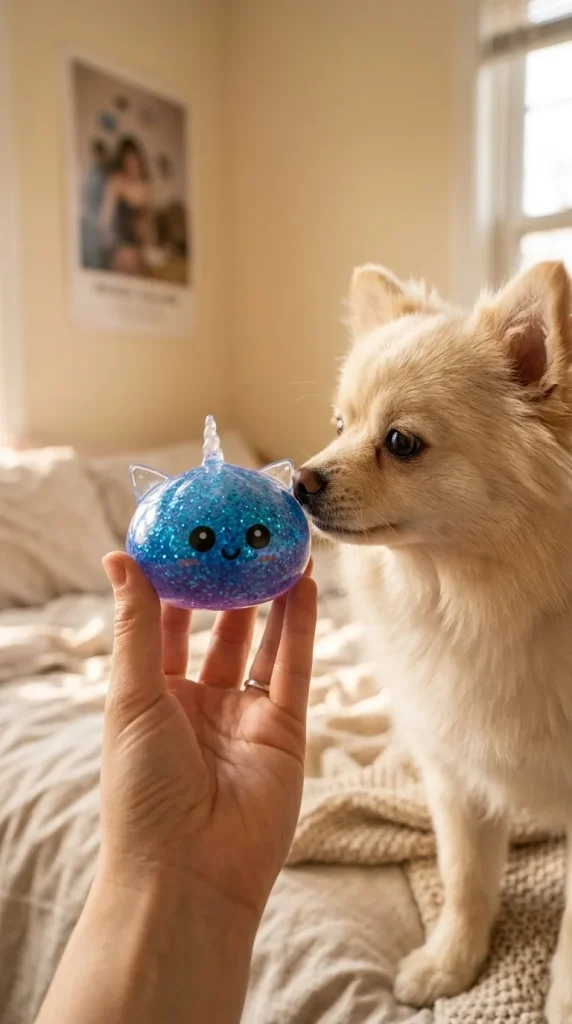 Blue Unicorn Glitter Dumpling Squishy with a plush friend
