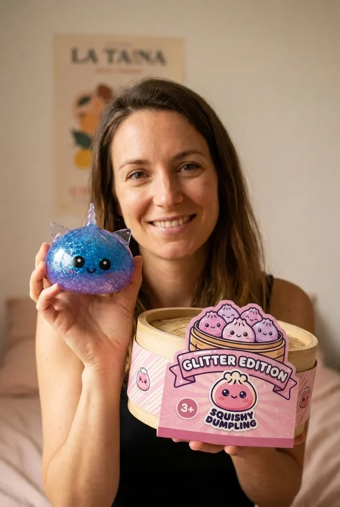 Blue Unicorn Glitter Dumpling Squishy with its box
