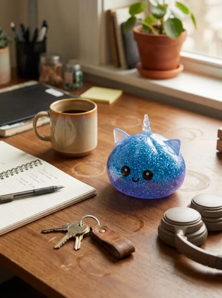 Blue Unicorn Glitter Dumpling Squishy on the desk