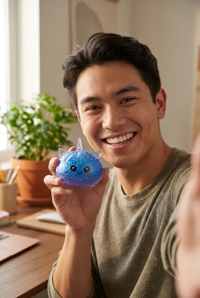Blue Unicorn Glitter Dumpling Squishy in everyday life