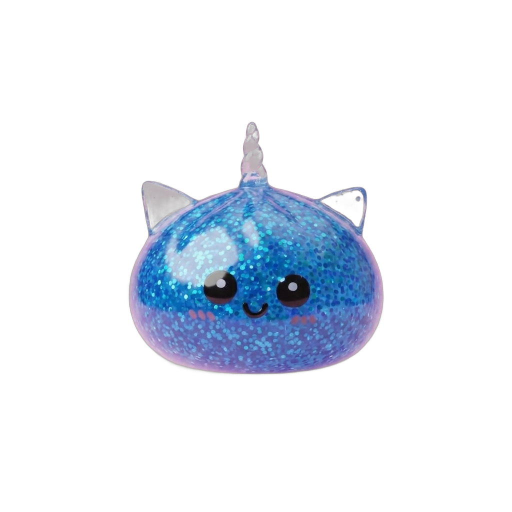 Blue Unicorn Glitter Dumpling Squishy being squeezed, soft slow-rise foam