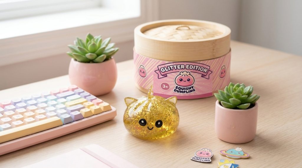 Gold Unicorn Glitter Dumpling Squishy in its kawaii setting
