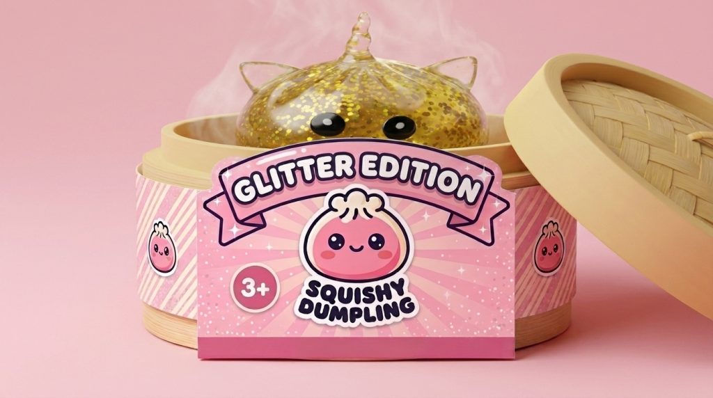 Gold Unicorn Glitter Dumpling Squishy in its bamboo steamer box