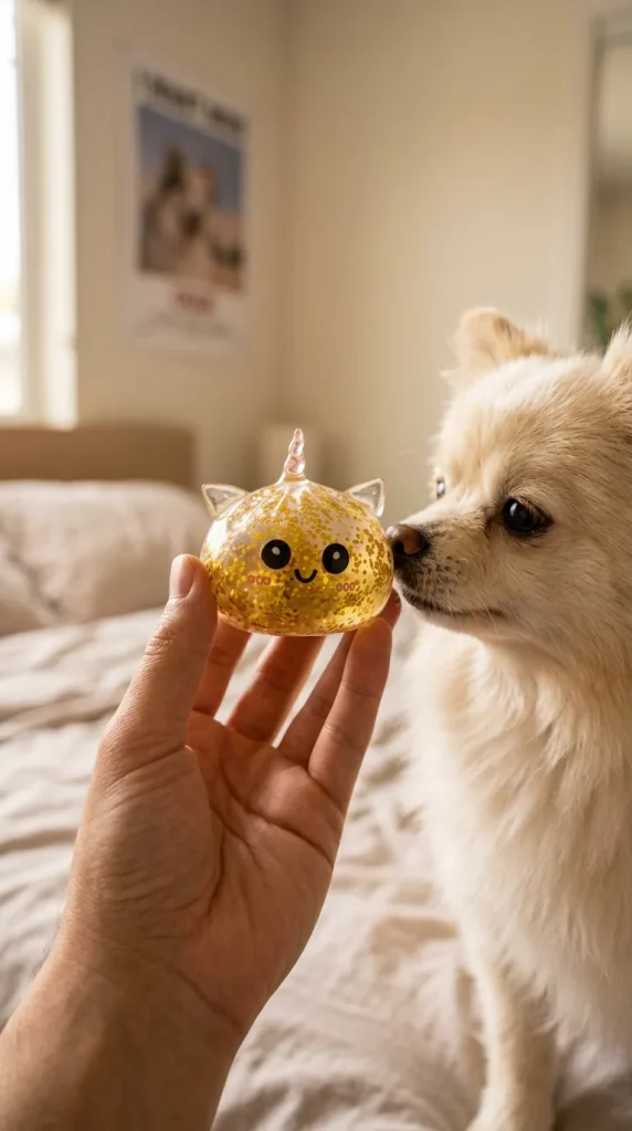 Gold Unicorn Glitter Dumpling Squishy with a plush friend