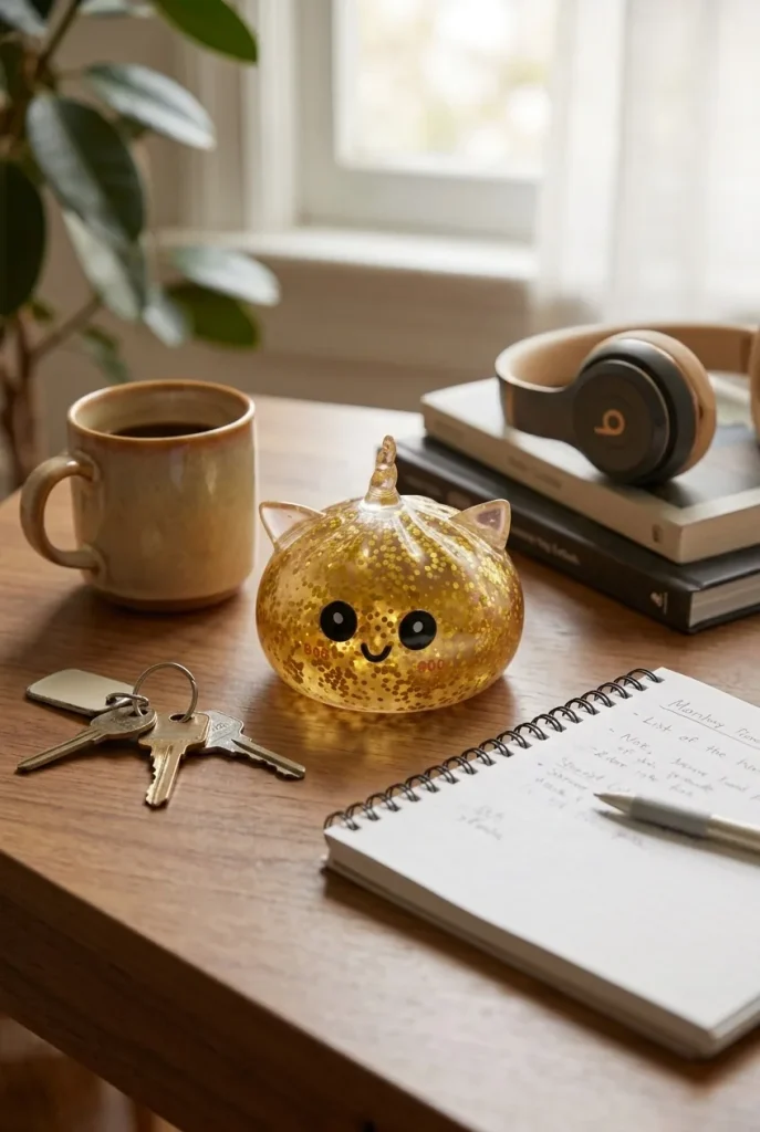 Gold Unicorn Glitter Dumpling Squishy on the desk