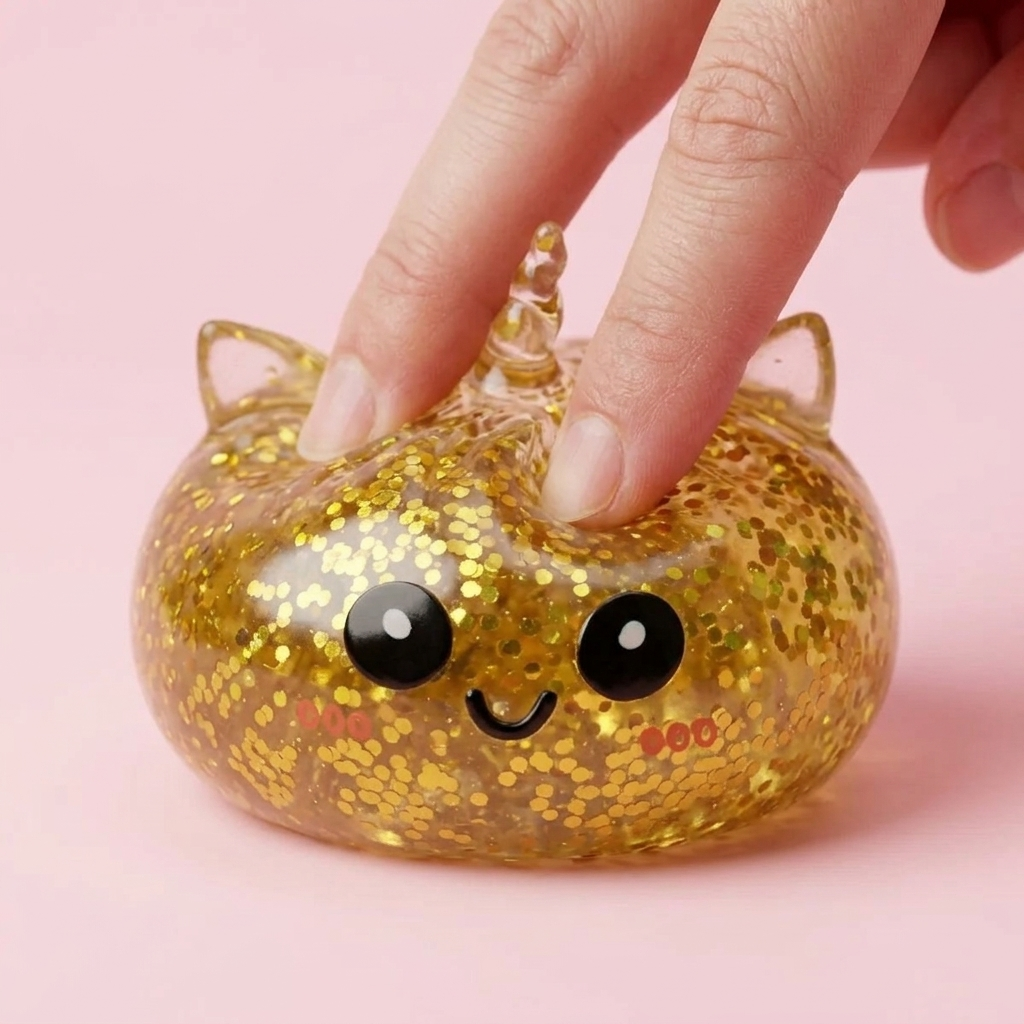 Gold Unicorn Glitter Dumpling Squishy being squeezed, soft slow-rise foam