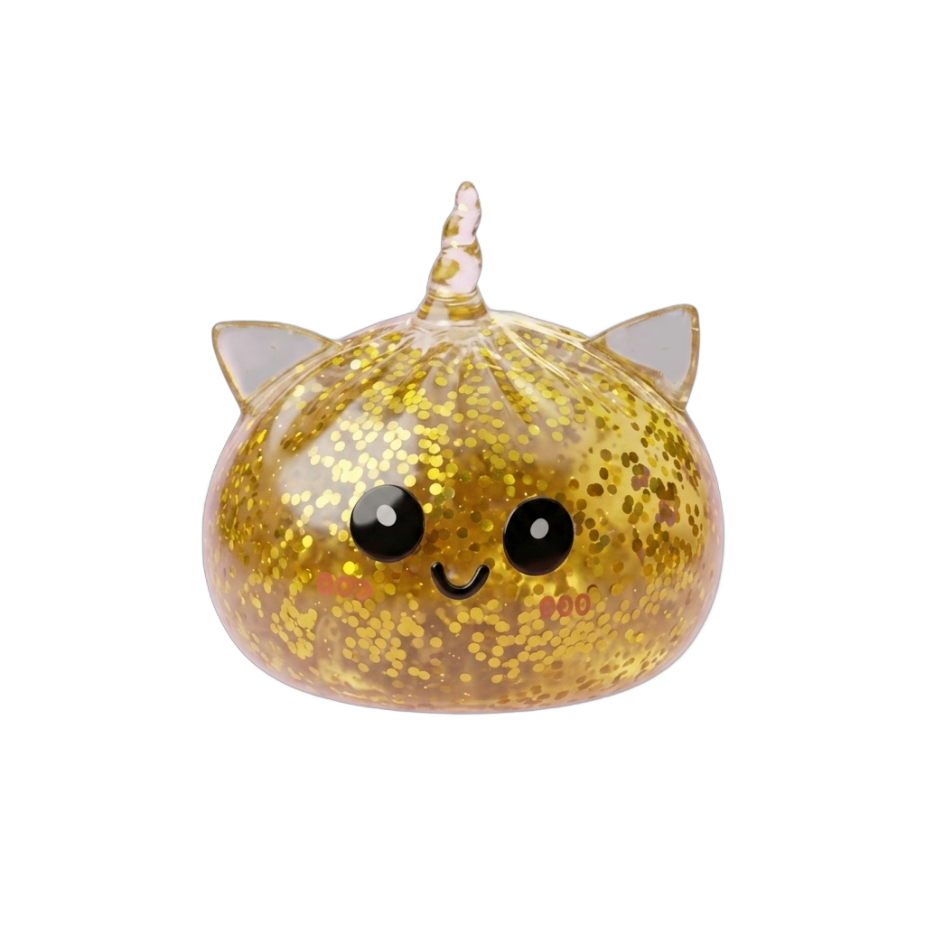 Gold Unicorn Glitter Dumpling Squishy being squeezed, soft slow-rise foam