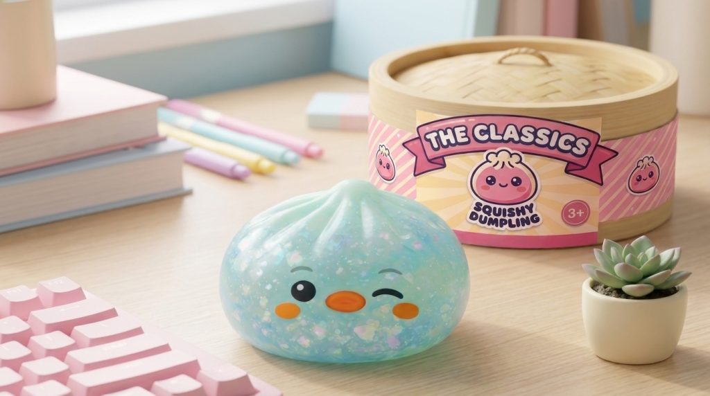 Frosted Mint Penguin Dumpling Squishy in its kawaii setting