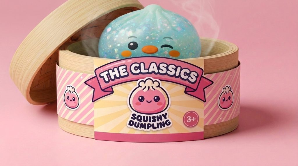 Frosted Mint Penguin Dumpling Squishy in its bamboo steamer box
