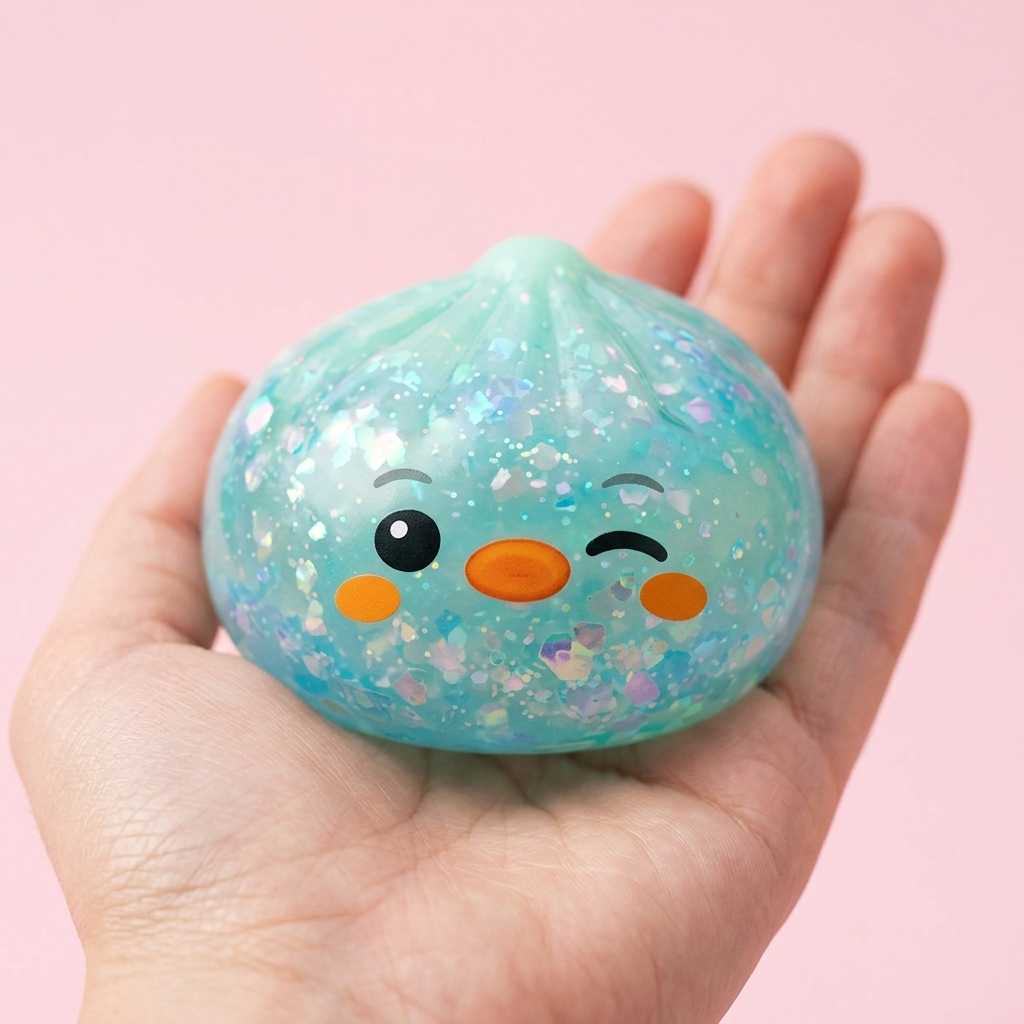 Frosted Mint Penguin Dumpling Squishy held in hand, actual size