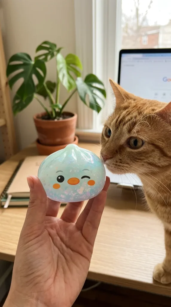 Frosted Mint Penguin Dumpling Squishy with a plush friend