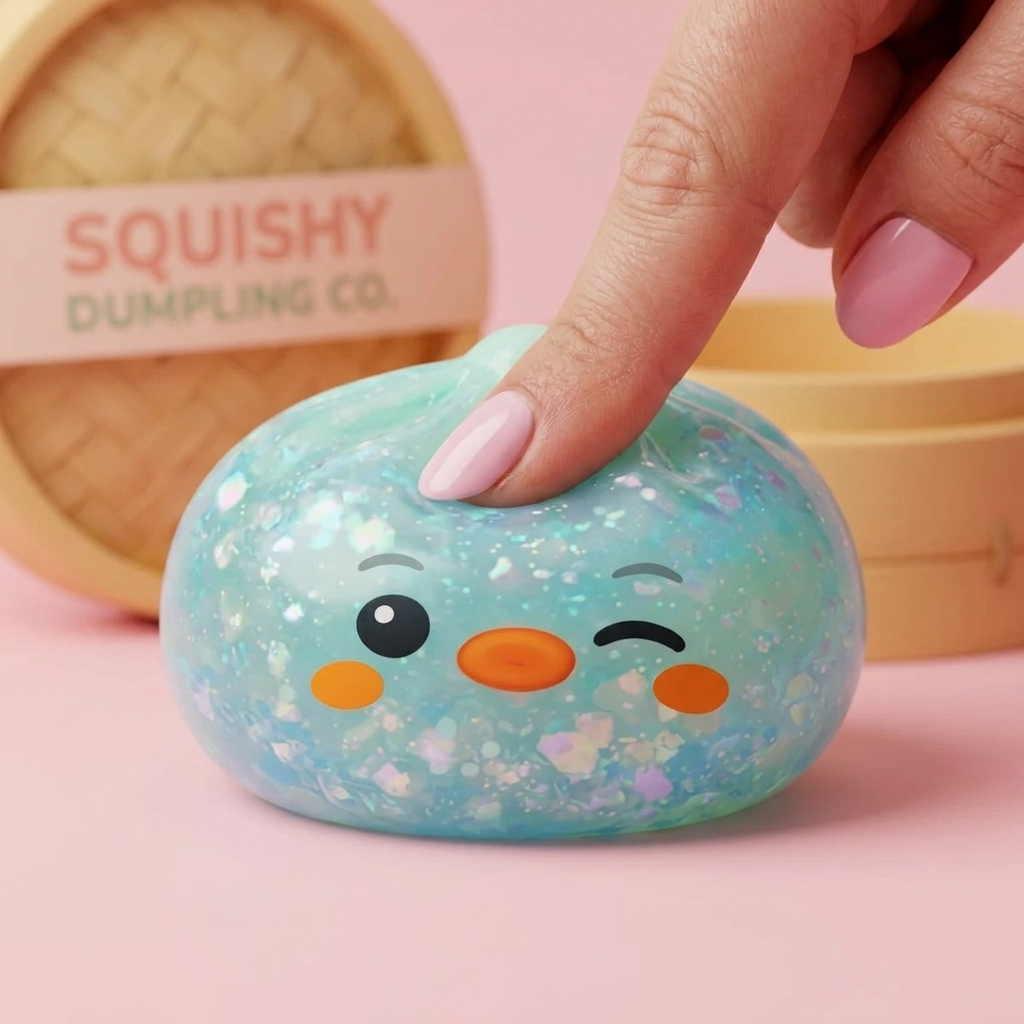 Frosted Mint Penguin Dumpling Squishy being squeezed, soft slow-rise foam