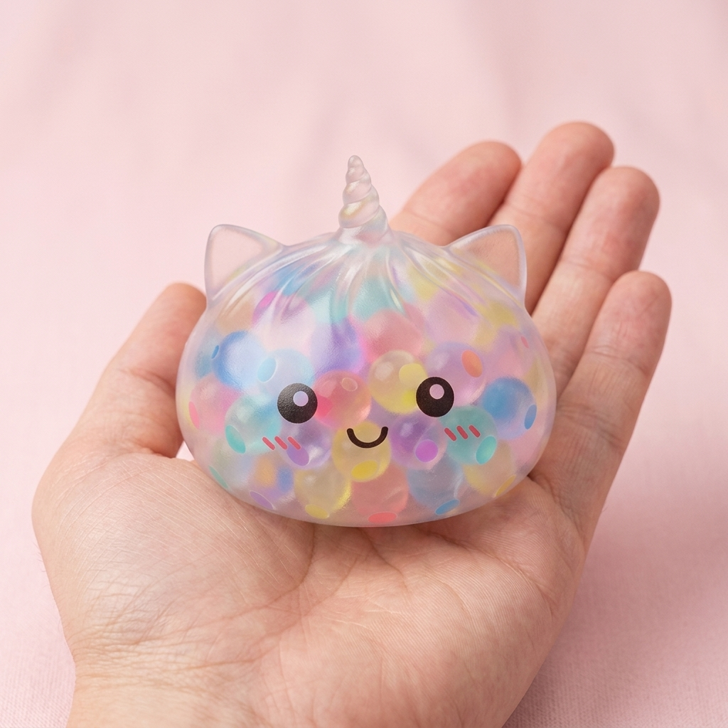 Pastel Unicorn Bubble Dumpling Squishy held in hand, actual size