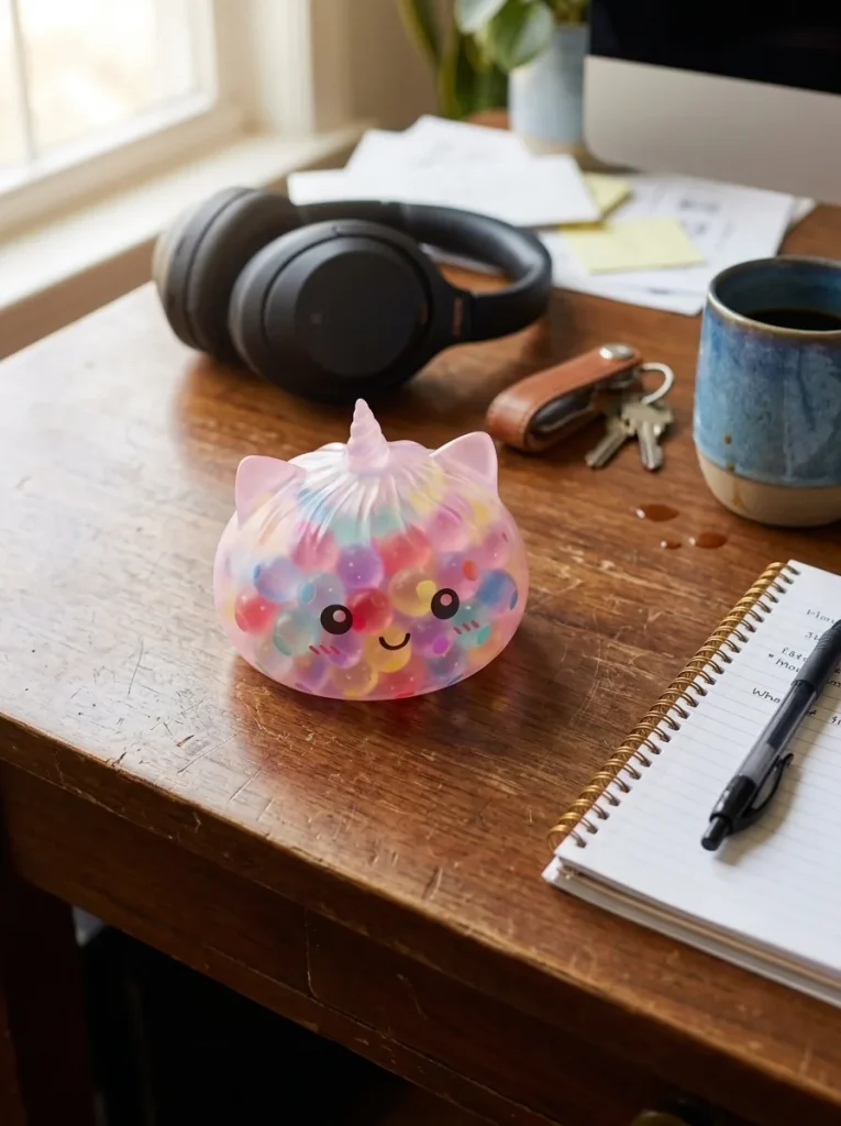 Pastel Unicorn Bubble Dumpling Squishy on the desk