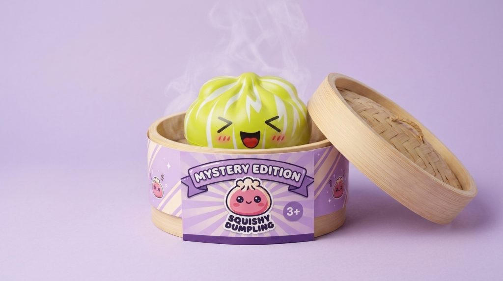 Squishy Dumpling Mystery Happy Faces in its bamboo steamer box
