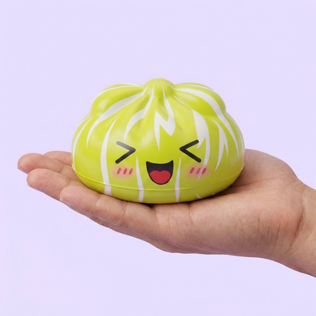 Squishy Dumpling Mystery Happy Faces held in hand, actual size