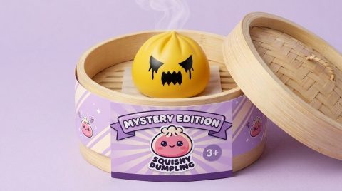 Ghost Mystery Dumpling Squishy in its bamboo steamer box