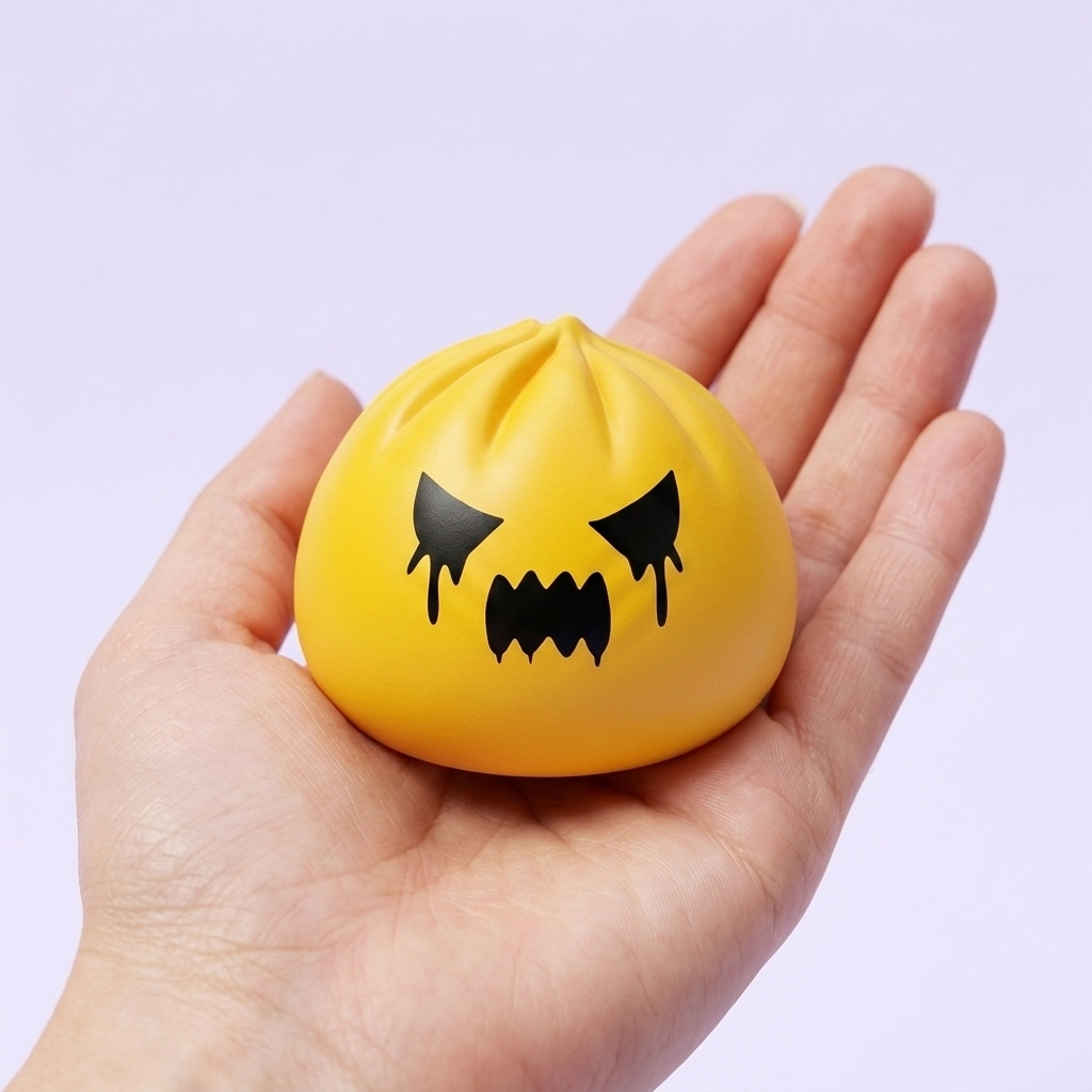 Ghost Mystery Dumpling Squishy held in hand, actual size