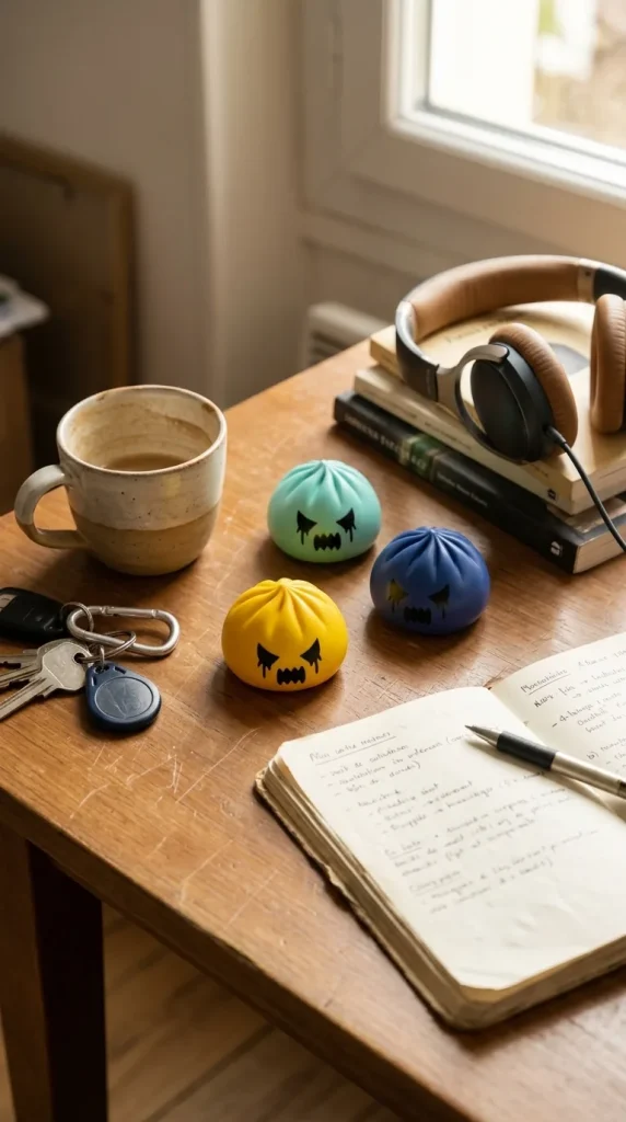 Ghost Mystery Dumpling Squishy on the desk