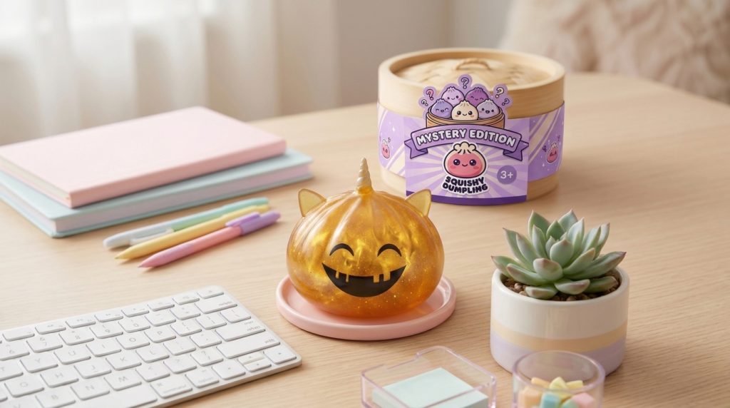 Horned Unicorn Mystery Halloween Dumpling Squishy in its kawaii setting